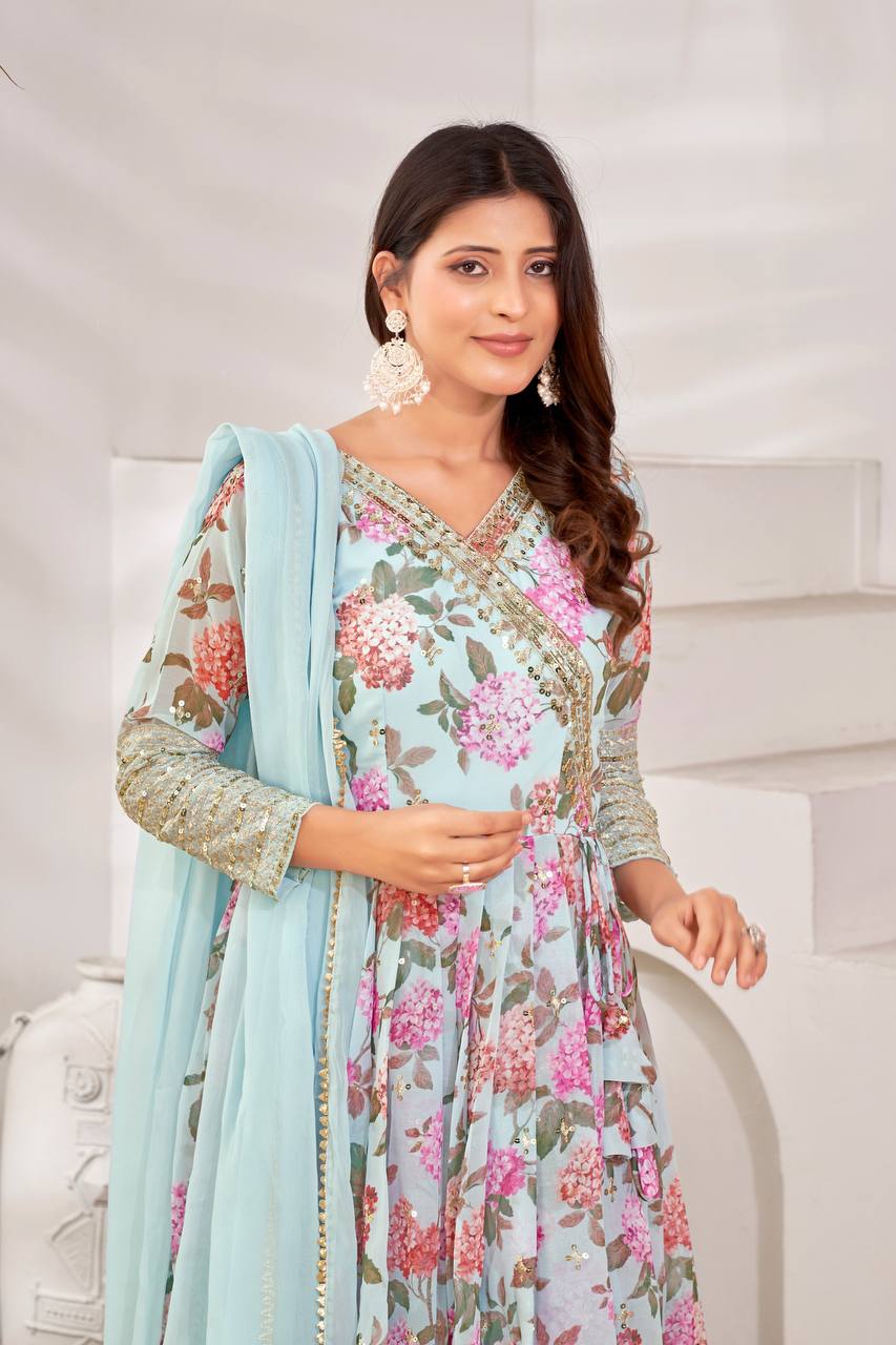 Stylish Sky Blue Color Embroidery Sequence Work Gown