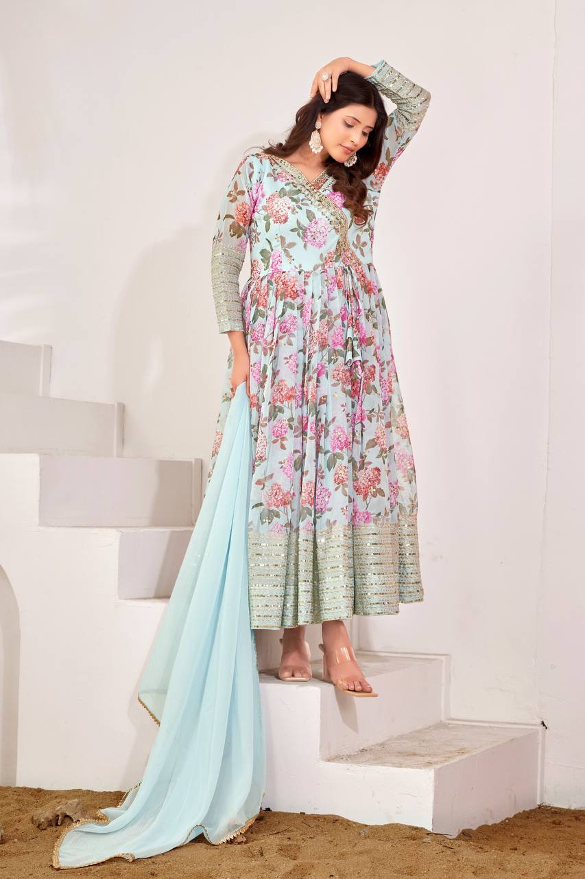 Stylish Sky Blue Color Embroidery Sequence Work Gown