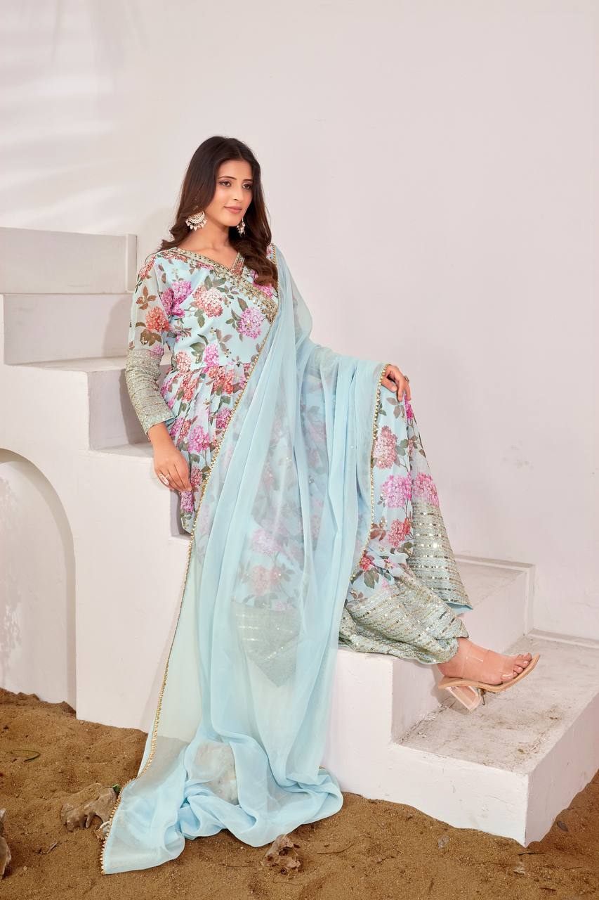 Stylish Sky Blue Color Embroidery Sequence Work Gown