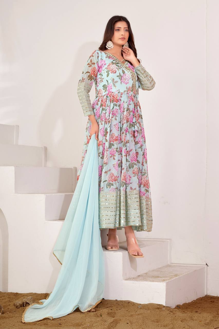 Stylish Sky Blue Color Embroidery Sequence Work Gown