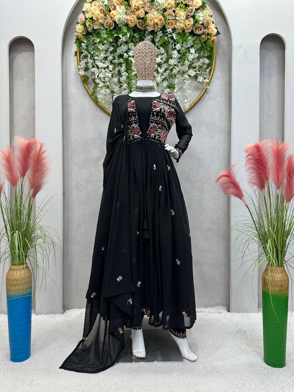 Fashionable Black Color Anarkali Gown With Shrug