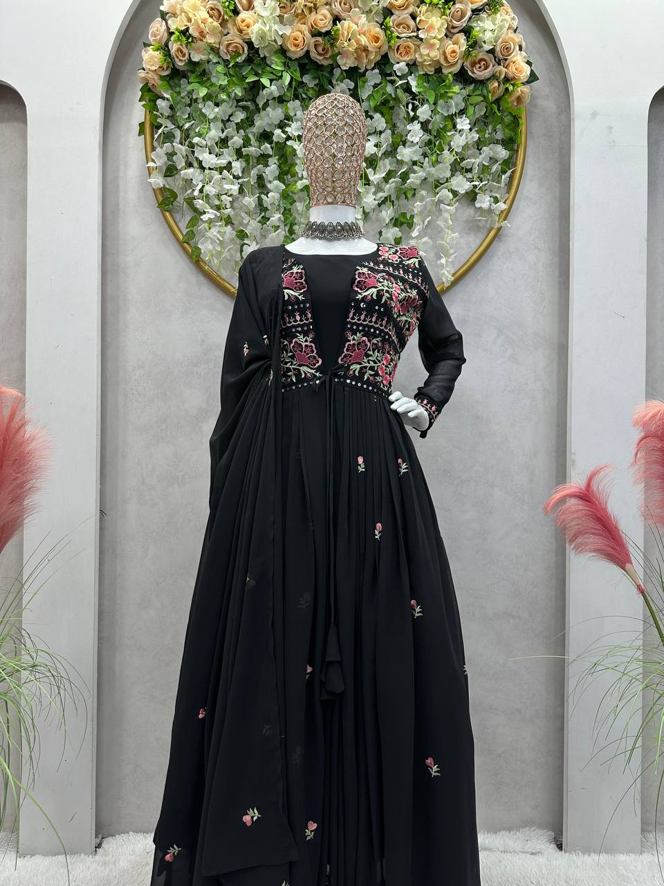 Fashionable Black Color Anarkali Gown With Shrug