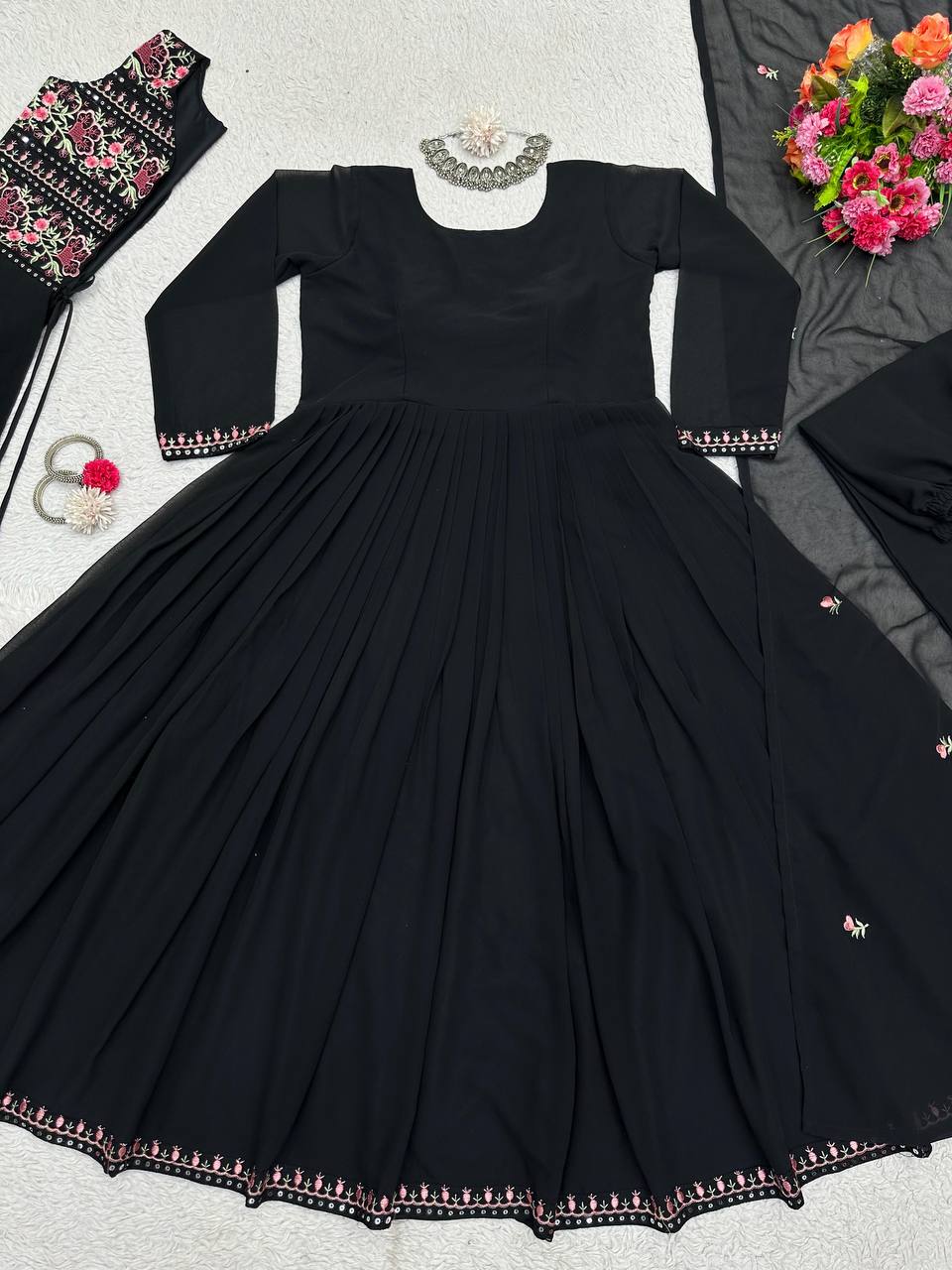 Fashionable Black Color Anarkali Gown With Shrug