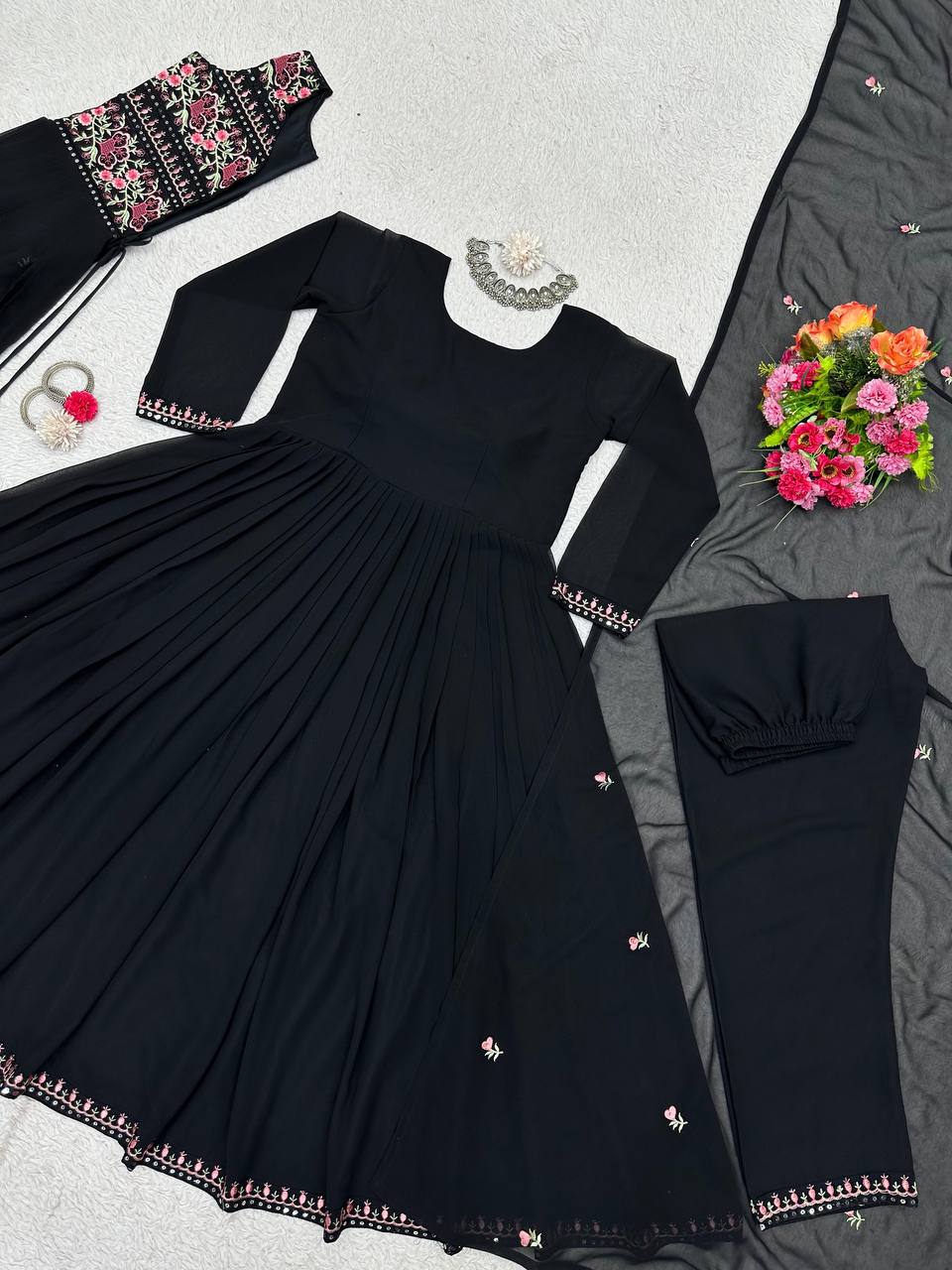 Fashionable Black Color Anarkali Gown With Shrug