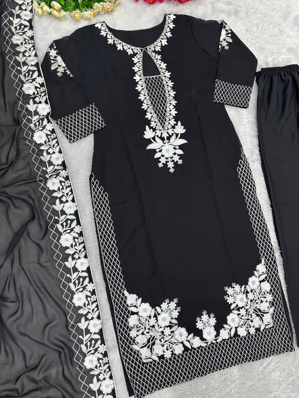 Party Wear Black Embroidery Work Stitch Salwar Suit