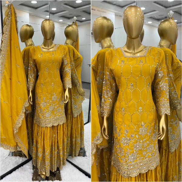 Stylish Mustard Color Embroidery Mirror Work Sharara Suit