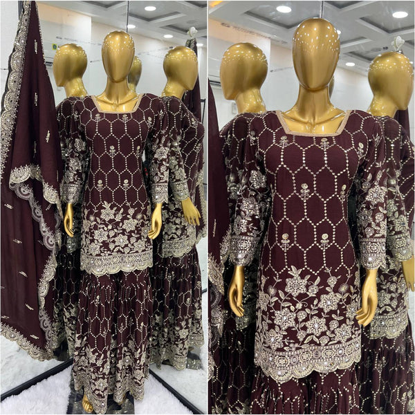 Stylish Wine Color Embroidery Mirror Work Sharara Suit