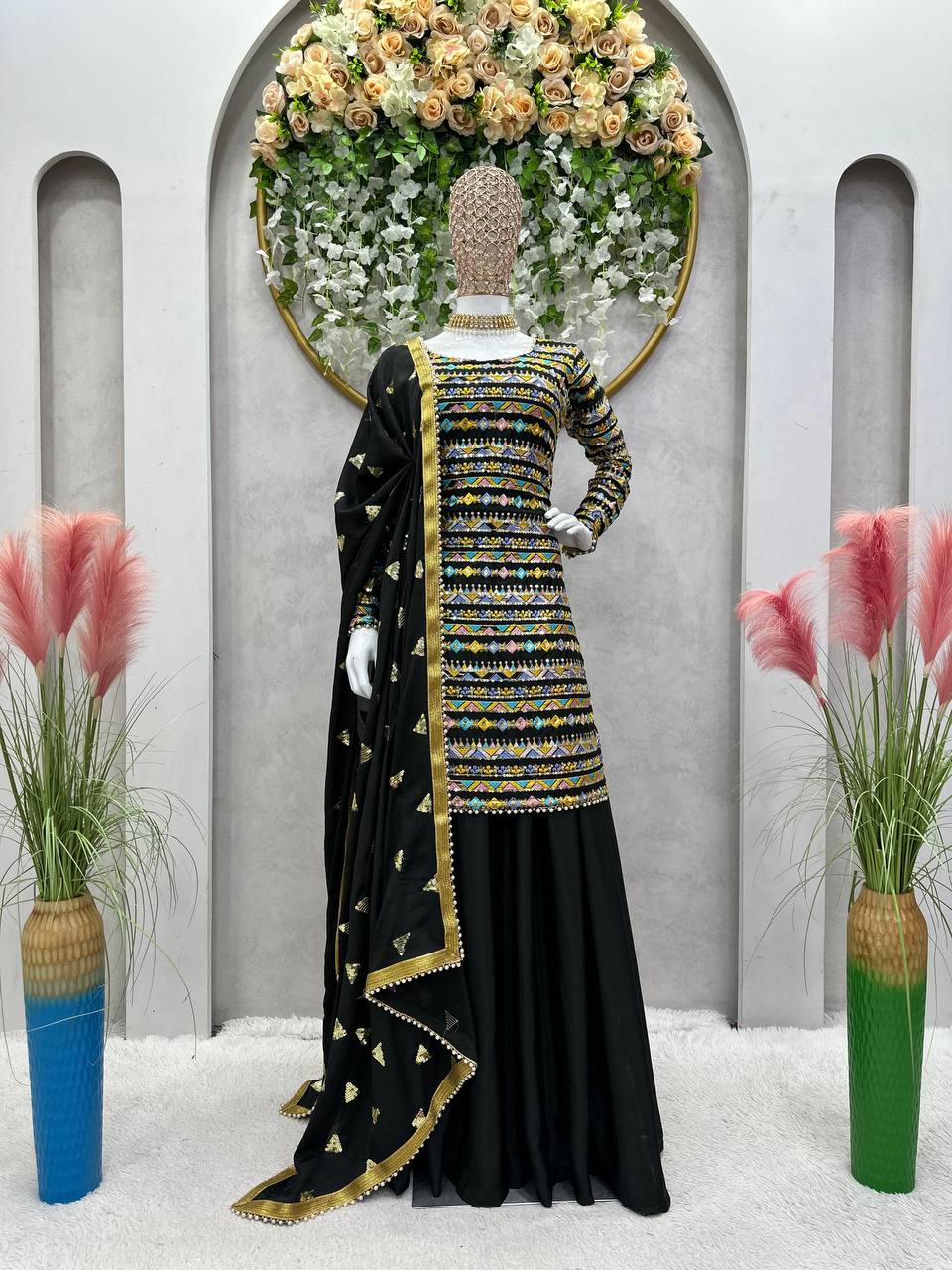 Black Multi Thread Work Top With Sharara Suit