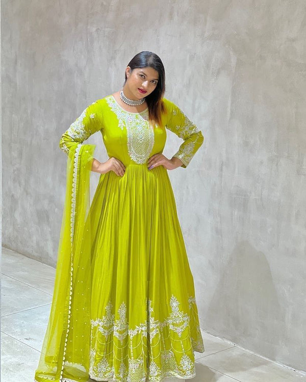 Alluring Embroidery Work Lemon Yellow Anarkali Gown