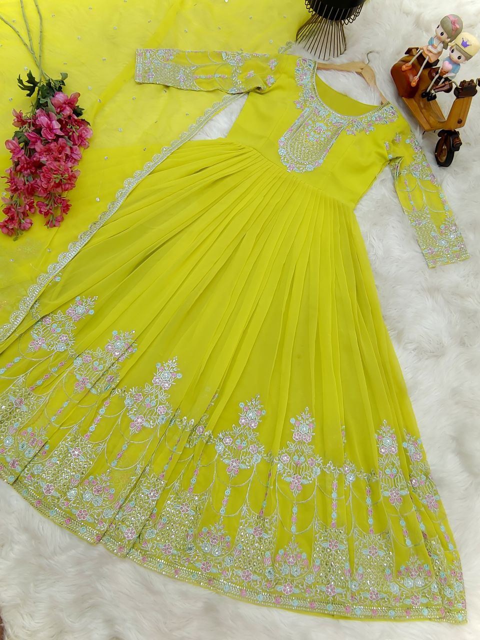 Alluring Embroidery Work Lemon Yellow Anarkali Gown