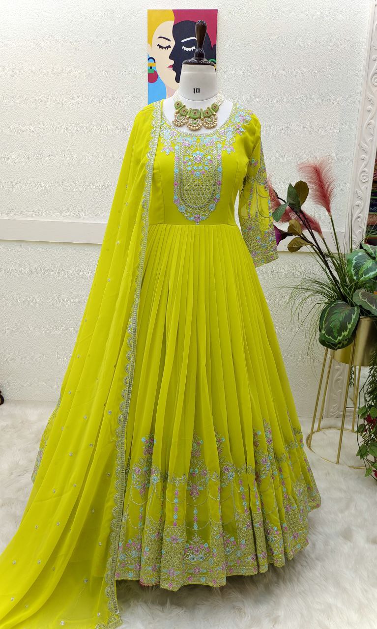 Alluring Embroidery Work Lemon Yellow Anarkali Gown
