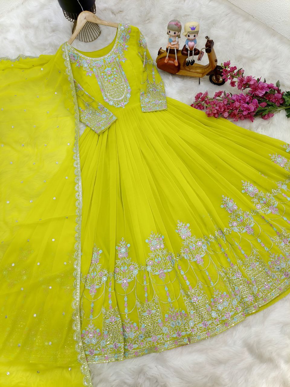 Alluring Embroidery Work Lemon Yellow Anarkali Gown
