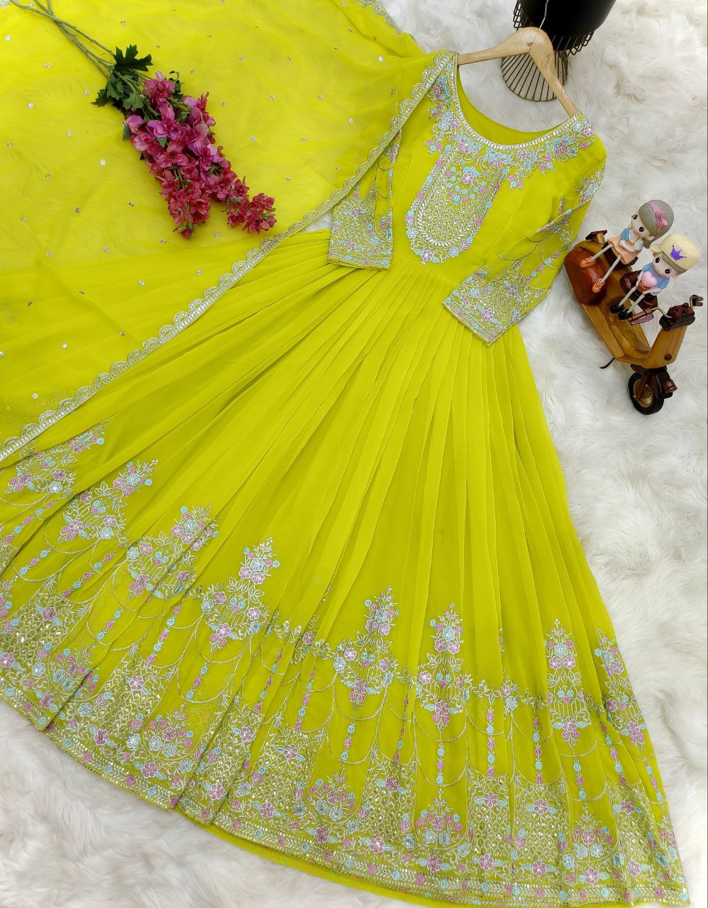Alluring Embroidery Work Lemon Yellow Anarkali Gown