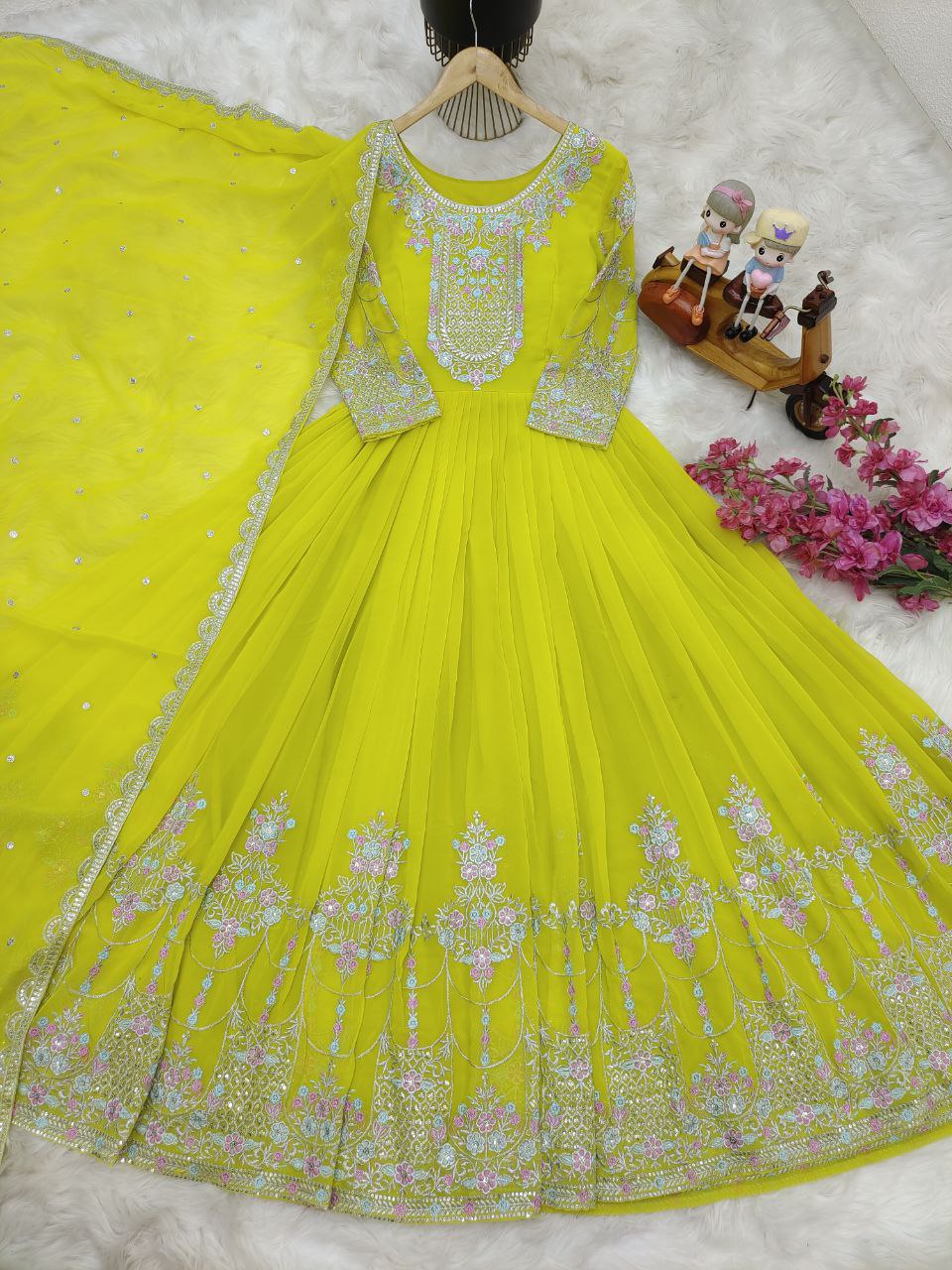 Alluring Embroidery Work Lemon Yellow Anarkali Gown