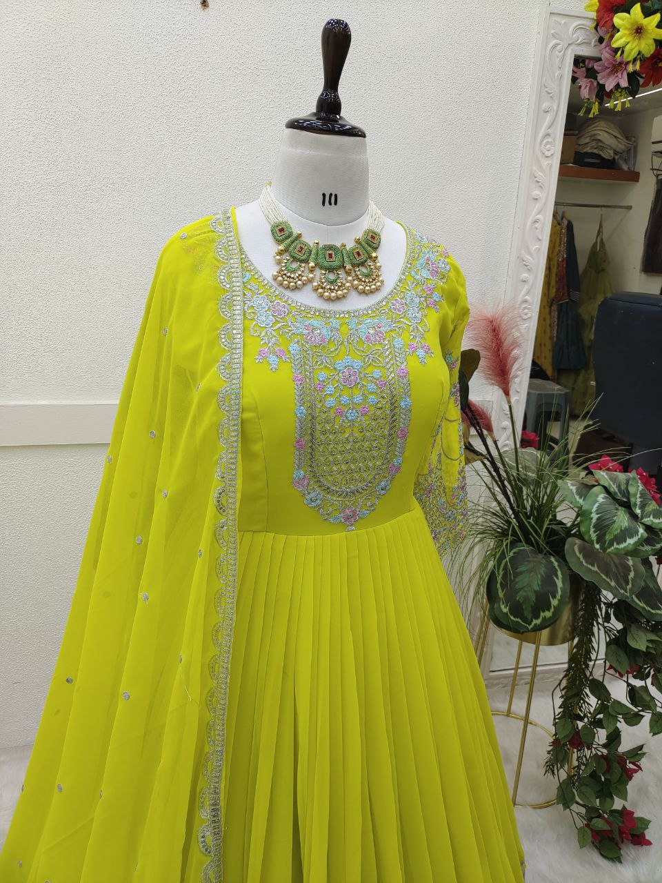 Alluring Embroidery Work Lemon Yellow Anarkali Gown
