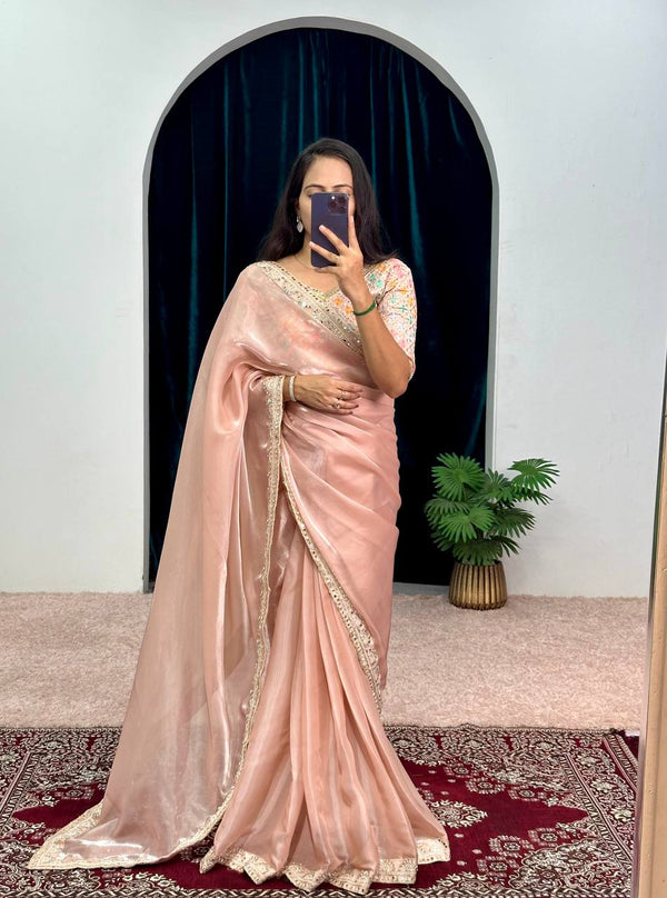 Heavy Border Peach Saree With Embroidery Work Blouse