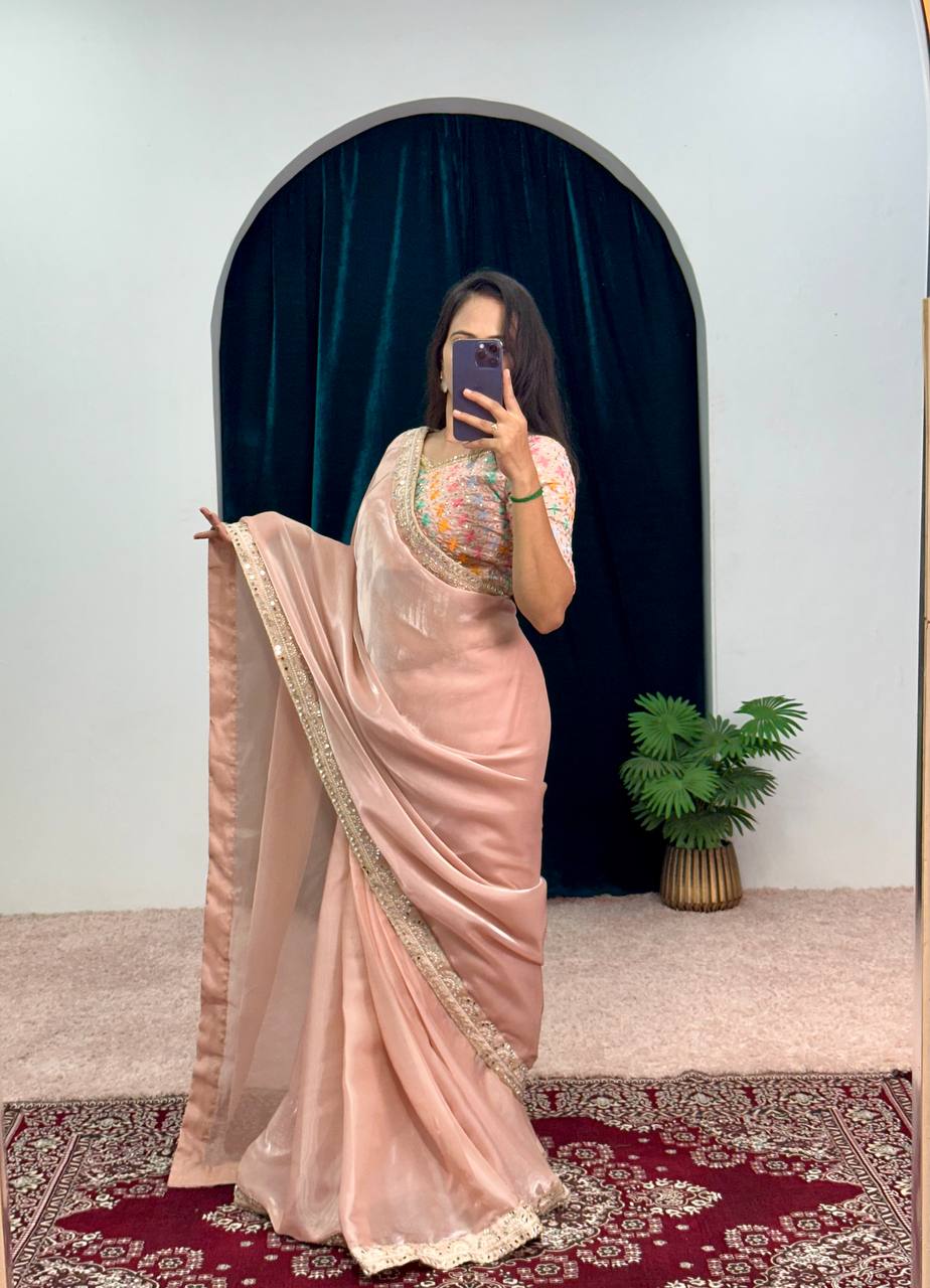 Heavy Border Peach Saree With Embroidery Work Blouse