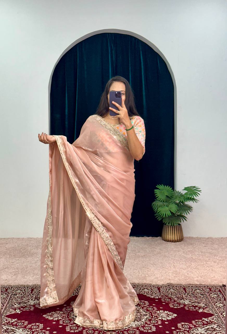 Heavy Border Peach Saree With Embroidery Work Blouse