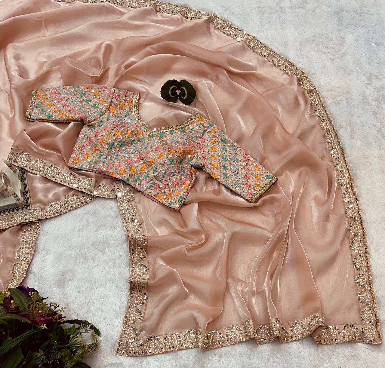 Heavy Border Peach Saree With Embroidery Work Blouse