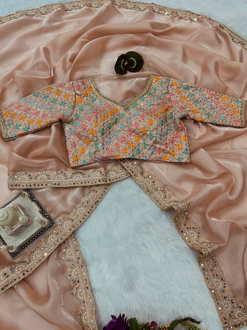 Heavy Border Peach Saree With Embroidery Work Blouse