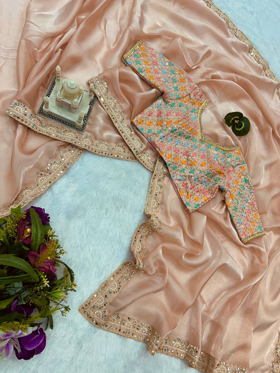 Heavy Border Peach Saree With Embroidery Work Blouse