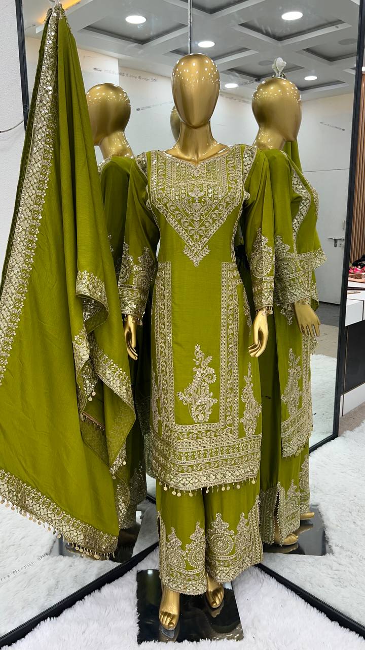 Opulent Sequence Embroidery Work Mehndi  Color Palazzo Suit