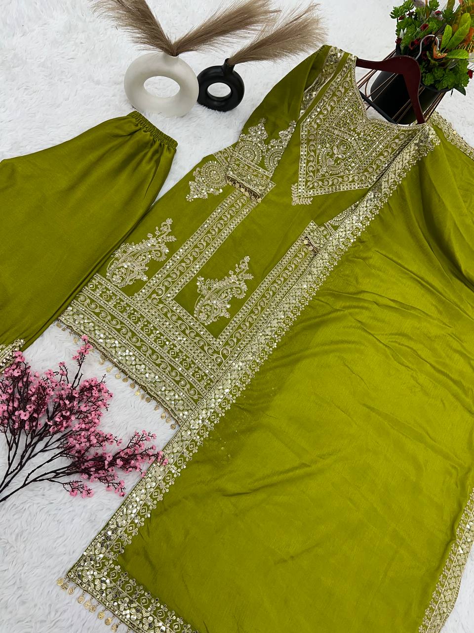 Opulent Sequence Embroidery Work Mehndi  Color Palazzo Suit