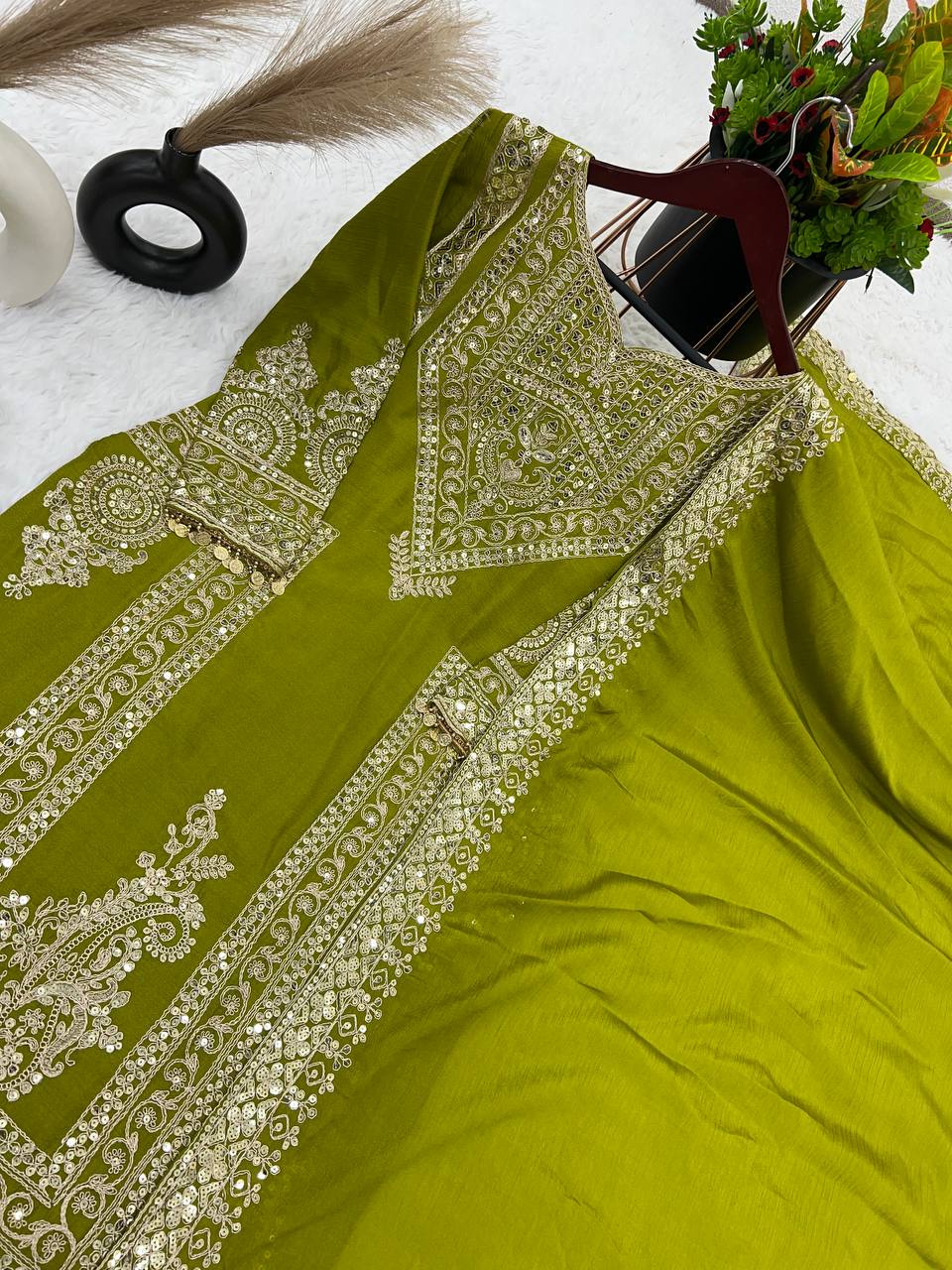 Opulent Sequence Embroidery Work Mehndi  Color Palazzo Suit