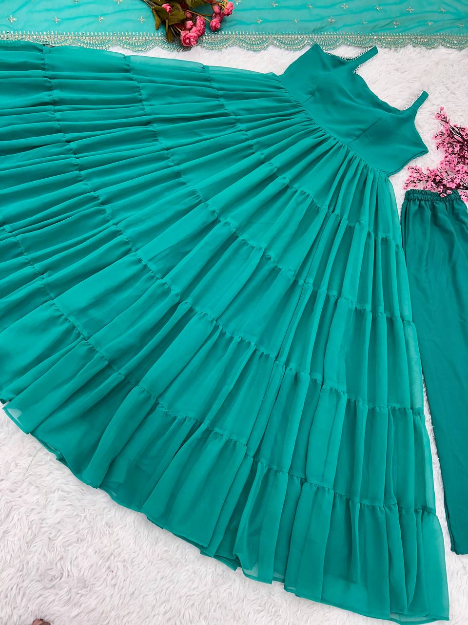 Graceful Aqua Blue Color Ruffle Anarkali Gown