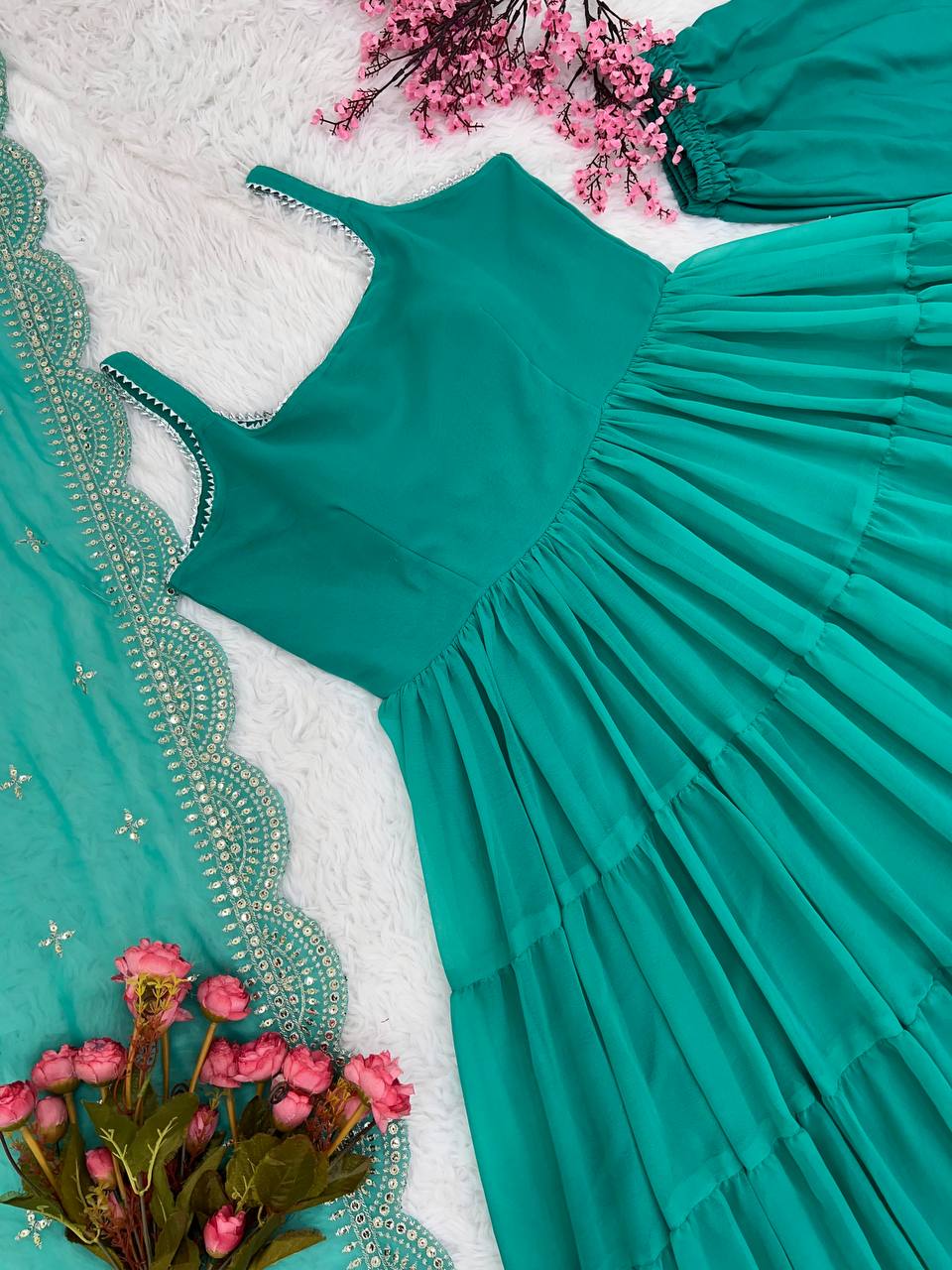 Graceful Aqua Blue Color Ruffle Anarkali Gown