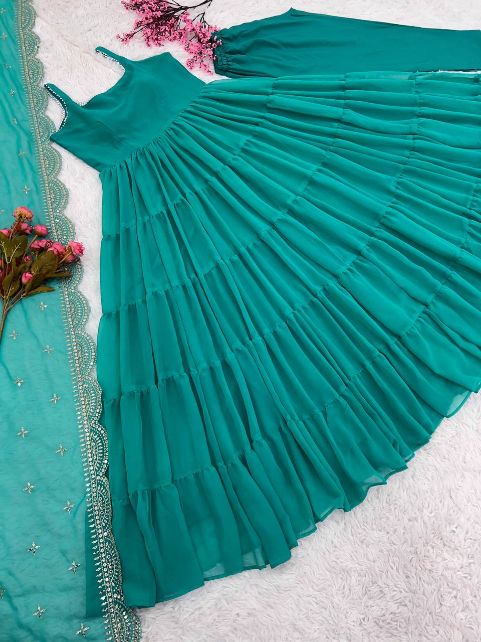 Graceful Aqua Blue Color Ruffle Anarkali Gown