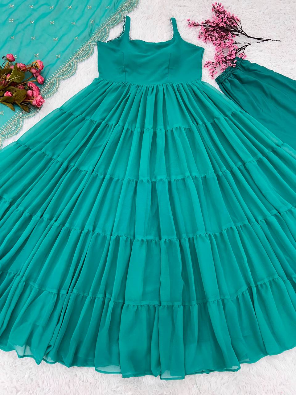 Graceful Aqua Blue Color Ruffle Anarkali Gown