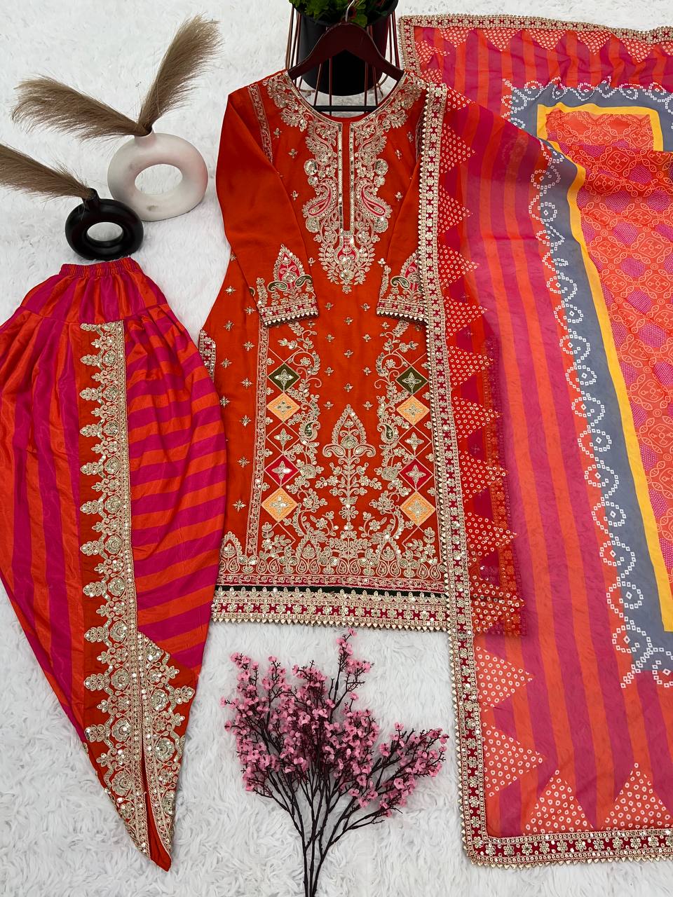 Multi Thread Work Orange Kurti With Printed Dhoti Set