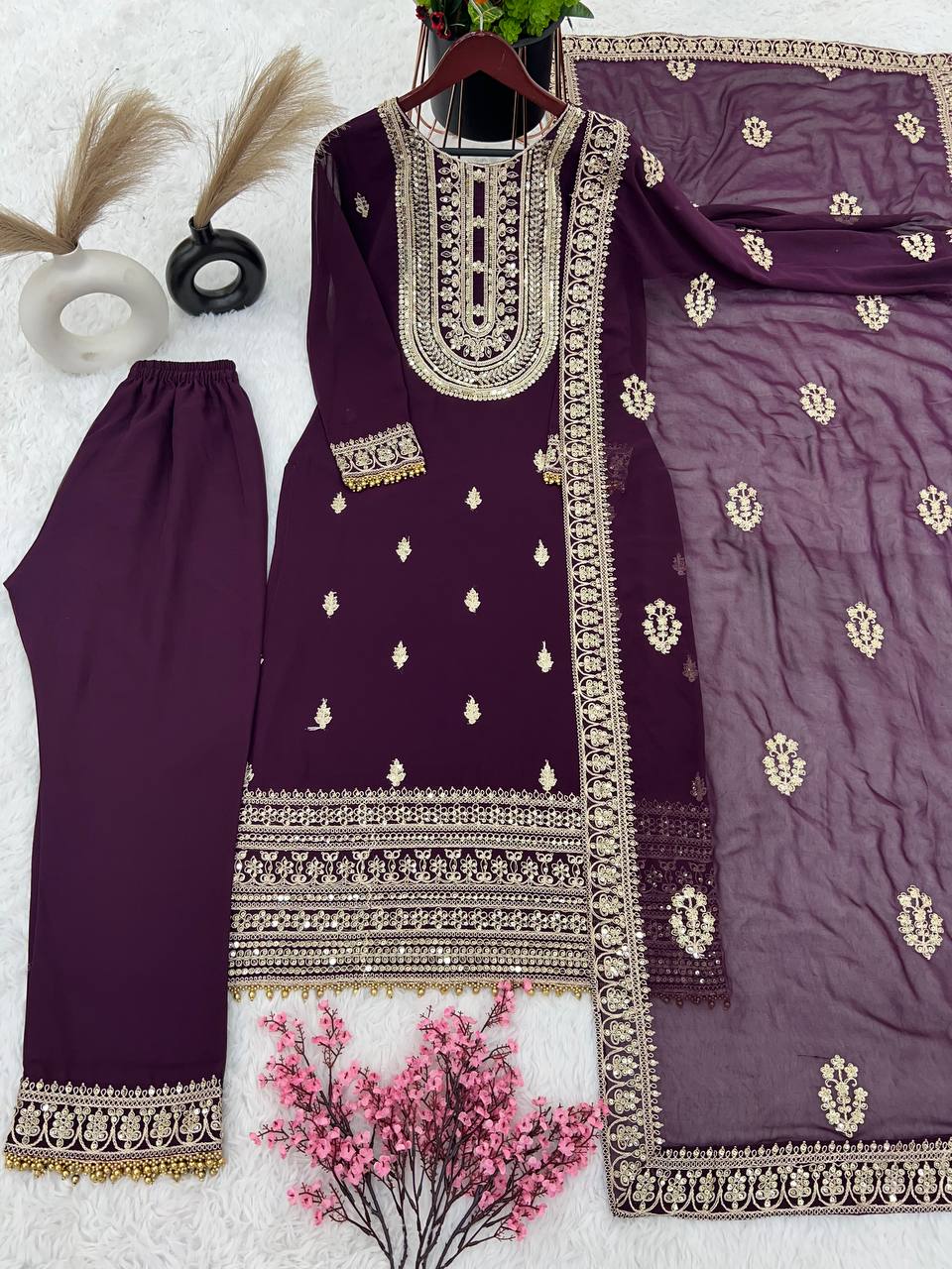 Admiring Purple Color Sequence Embroidery Work Palazzo Suit