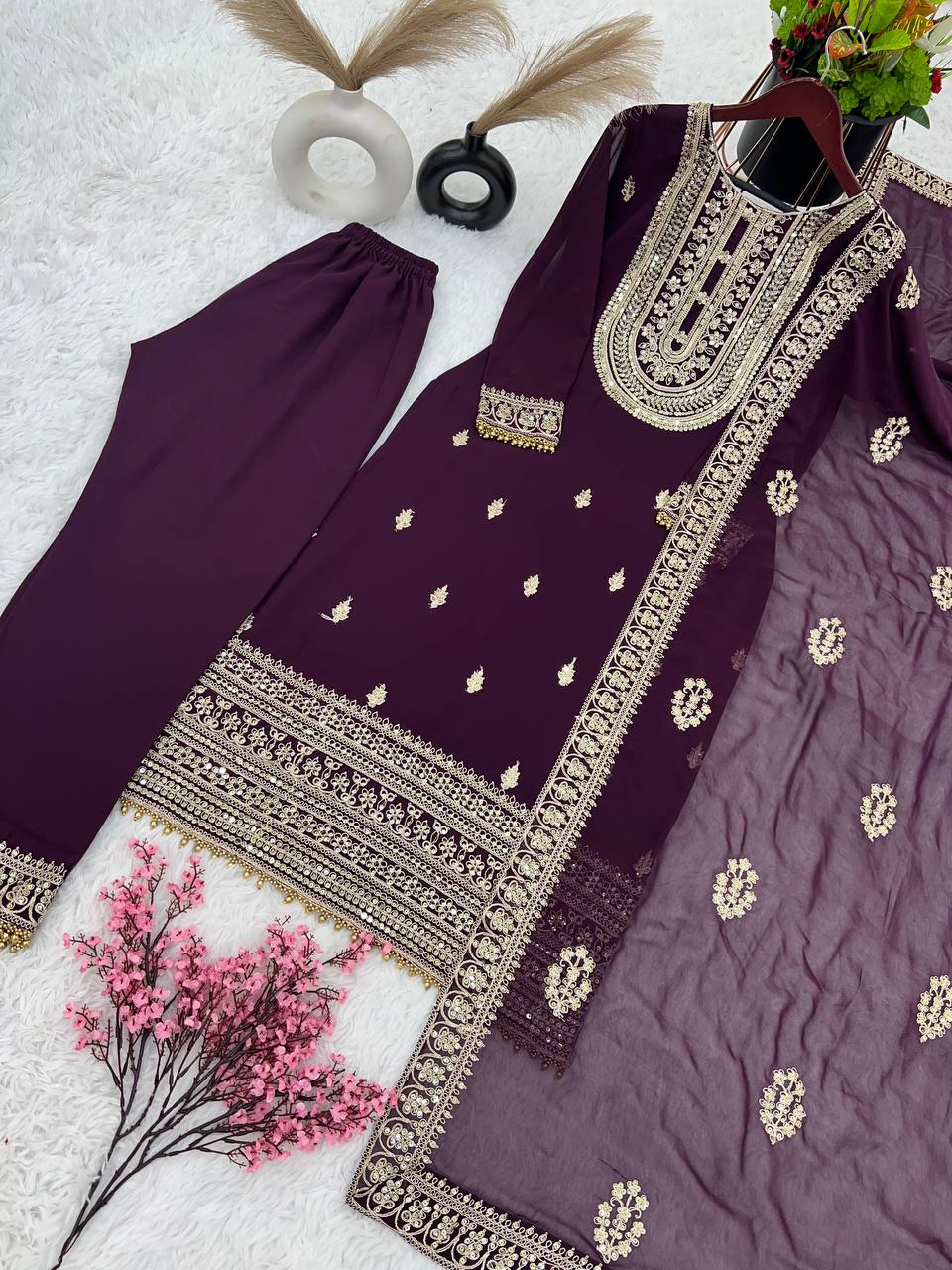 Admiring Purple Color Sequence Embroidery Work Palazzo Suit