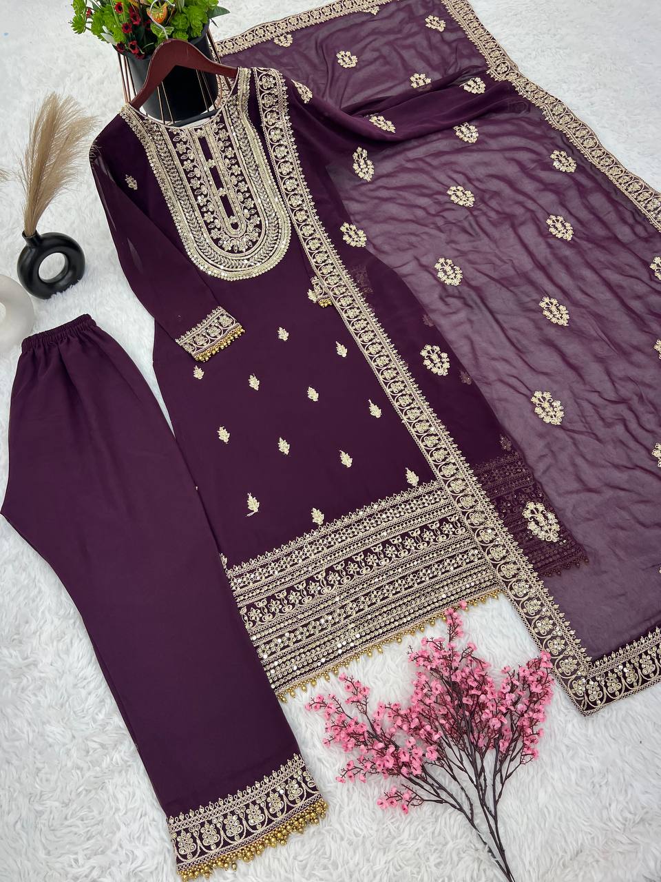 Admiring Purple Color Sequence Embroidery Work Palazzo Suit