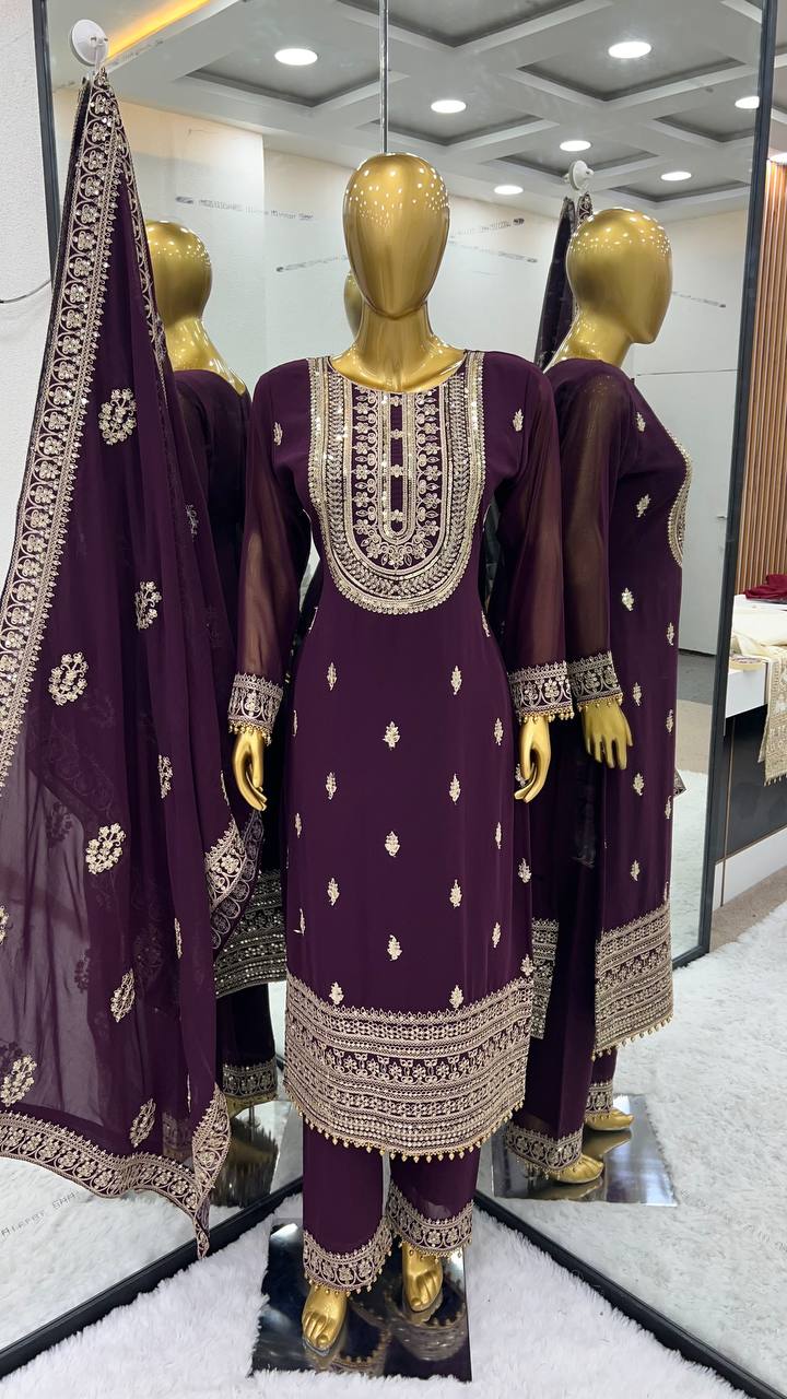 Admiring Purple Color Sequence Embroidery Work Palazzo Suit