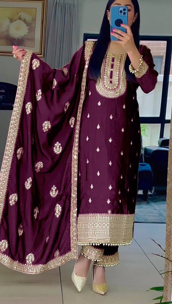 Admiring Purple Color Sequence Embroidery Work Palazzo Suit