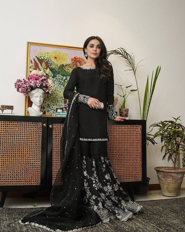 Festive Wear Black Color Embroidery Work Sharara Suit