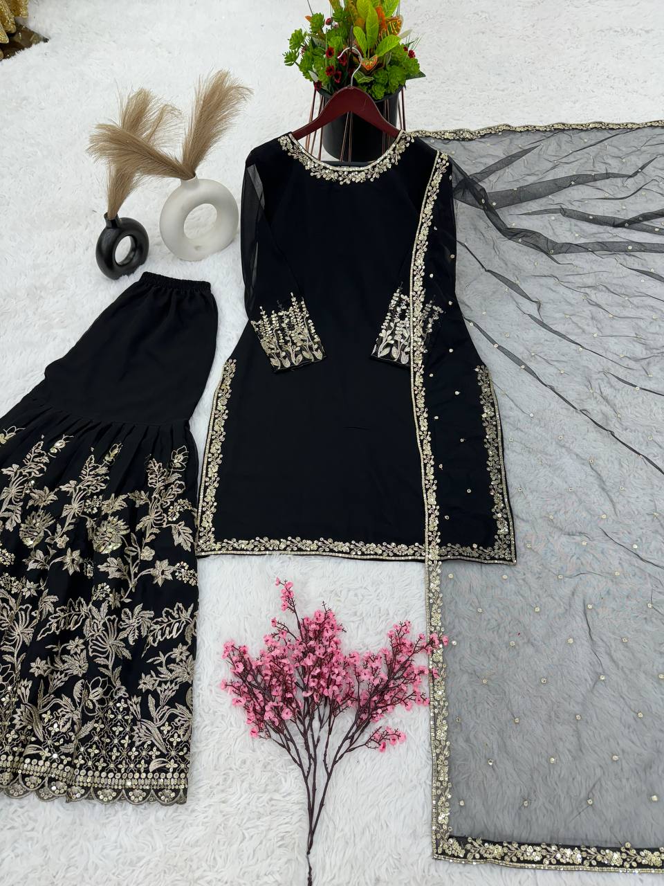 Festive Wear Black Color Embroidery Work Sharara Suit