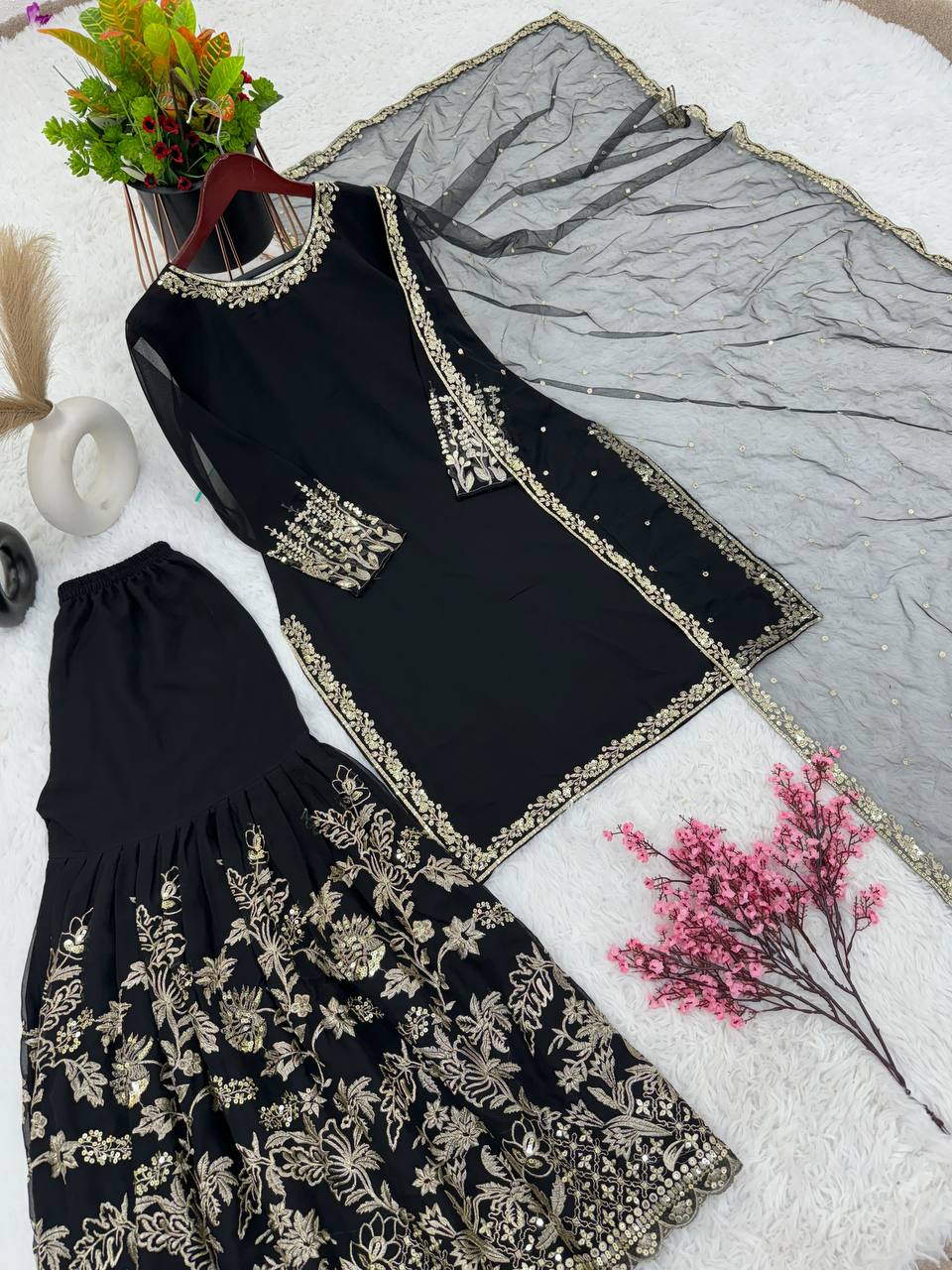 Festive Wear Black Color Embroidery Work Sharara Suit