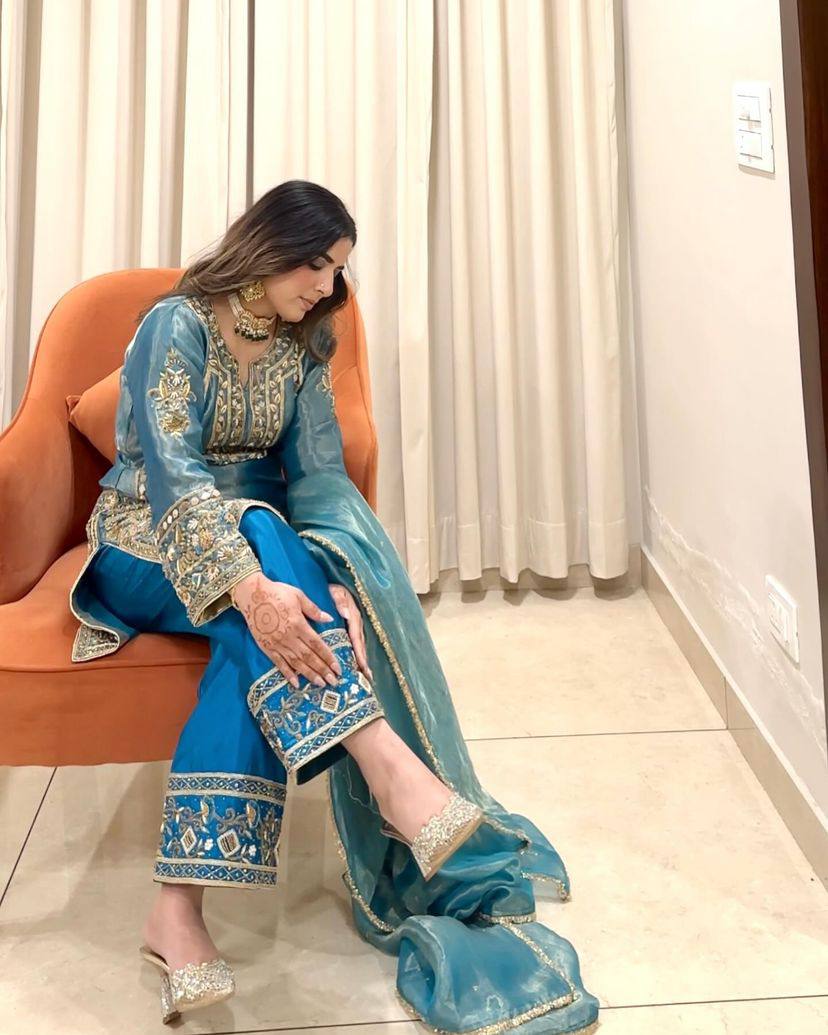 Shining Sky Blue Embroidery Work Palazzo Suit