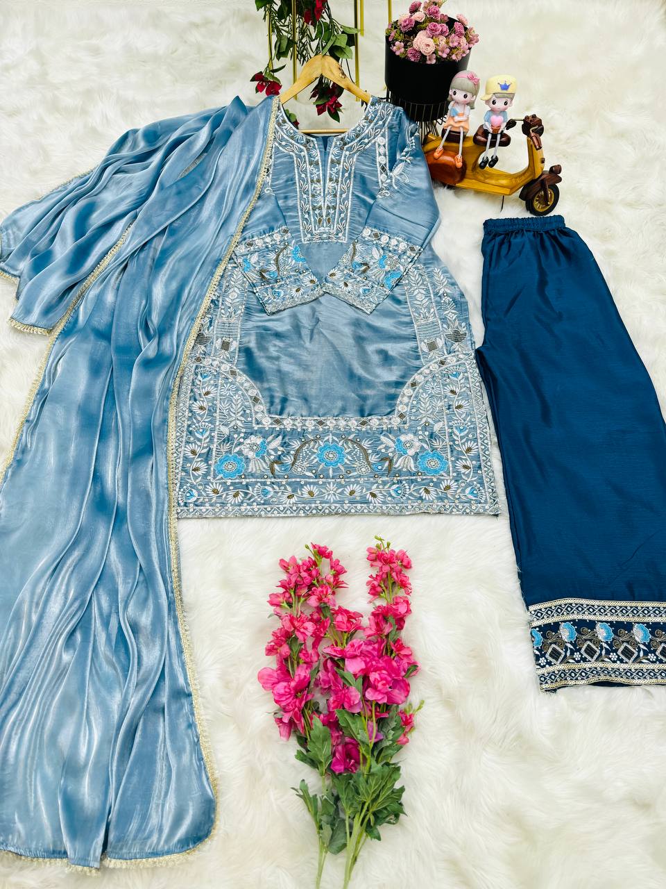 Shining Sky Blue Embroidery Work Palazzo Suit