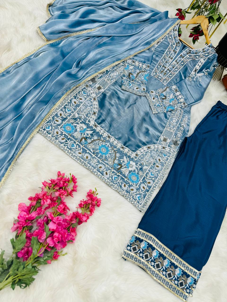 Shining Sky Blue Embroidery Work Palazzo Suit