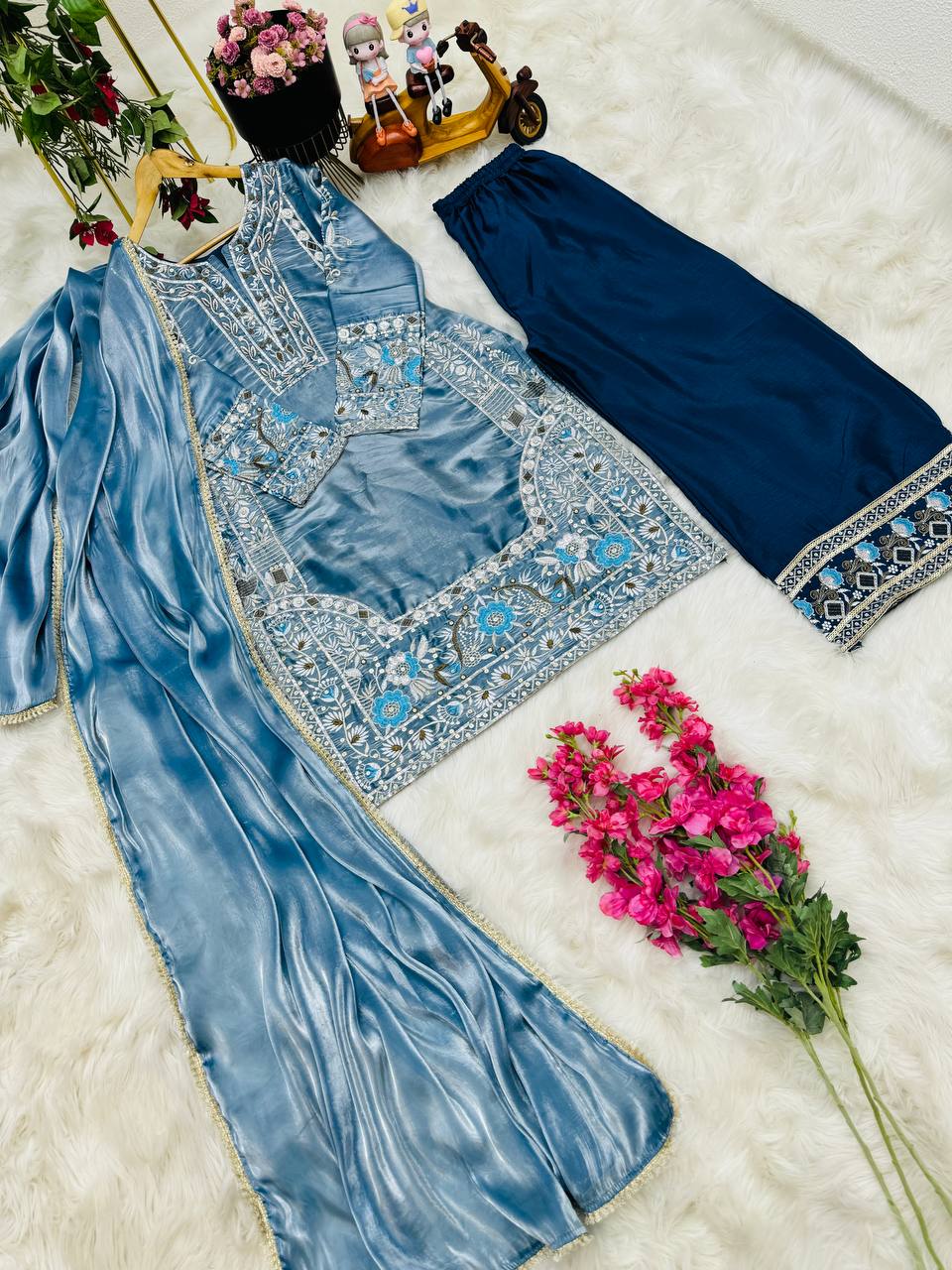 Shining Sky Blue Embroidery Work Palazzo Suit