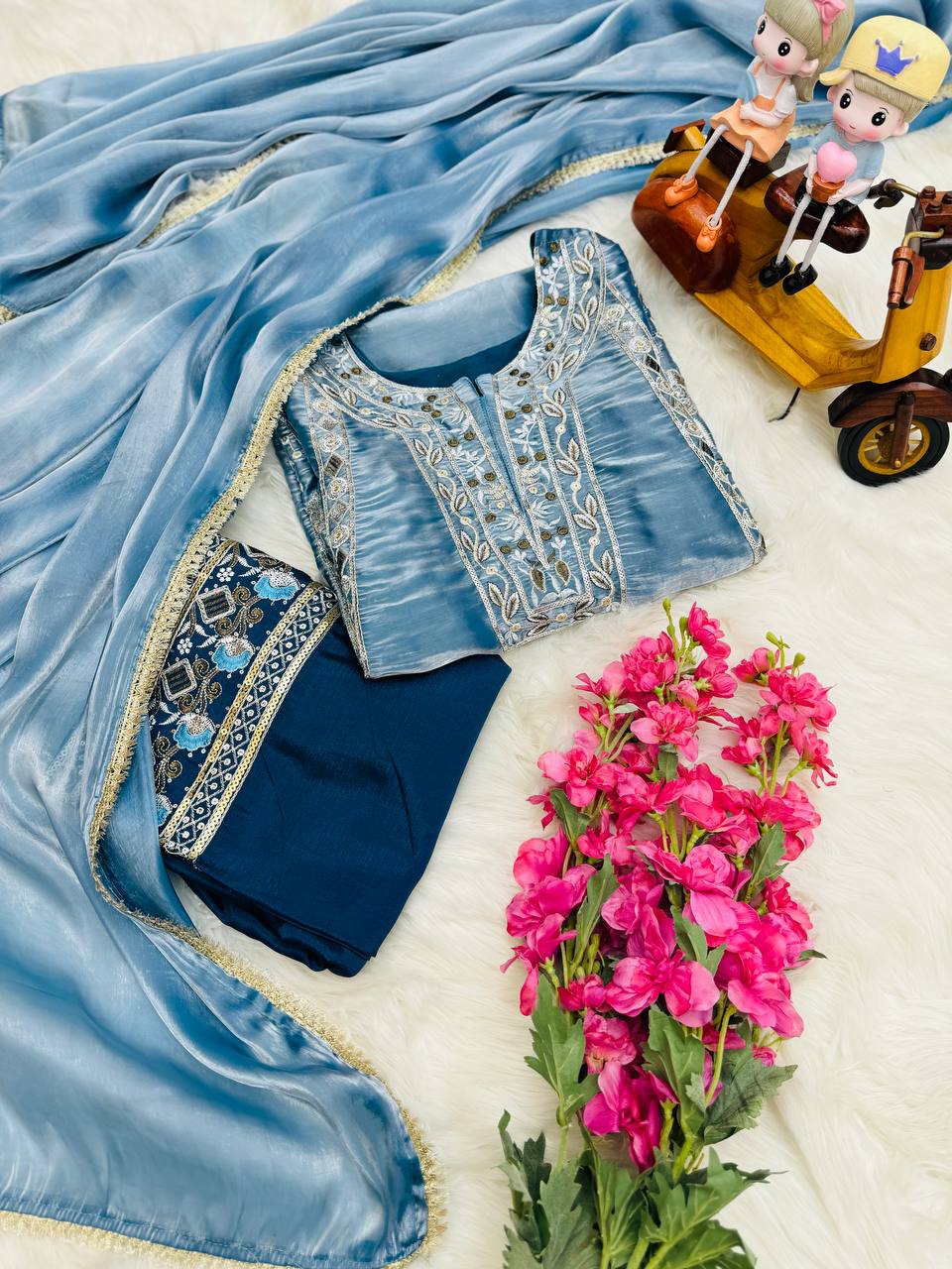 Shining Sky Blue Embroidery Work Palazzo Suit