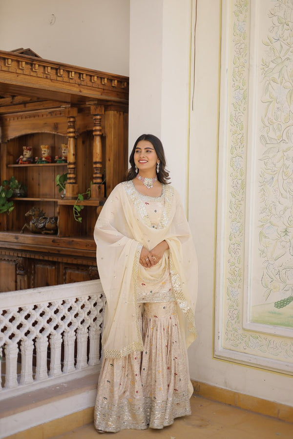 Off White Party Wear Sharara Suit Heavy Jacquard Work