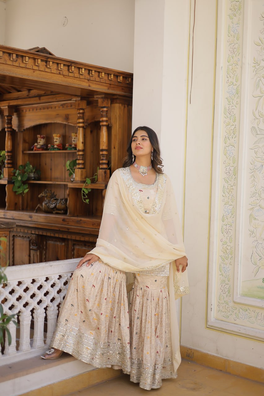 Off White Party Wear Sharara Suit Heavy Jacquard Work