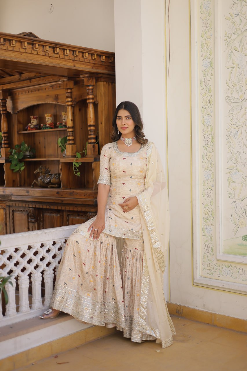 Off White Party Wear Sharara Suit Heavy Jacquard Work