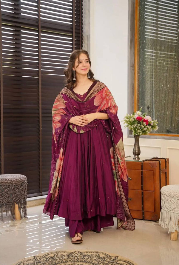 Elegant Purple Color Work Palazzo With Anarkali Suit